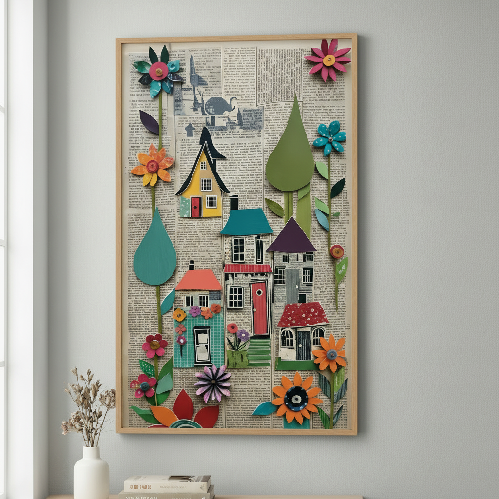 Whimsical Village Collage Canvas