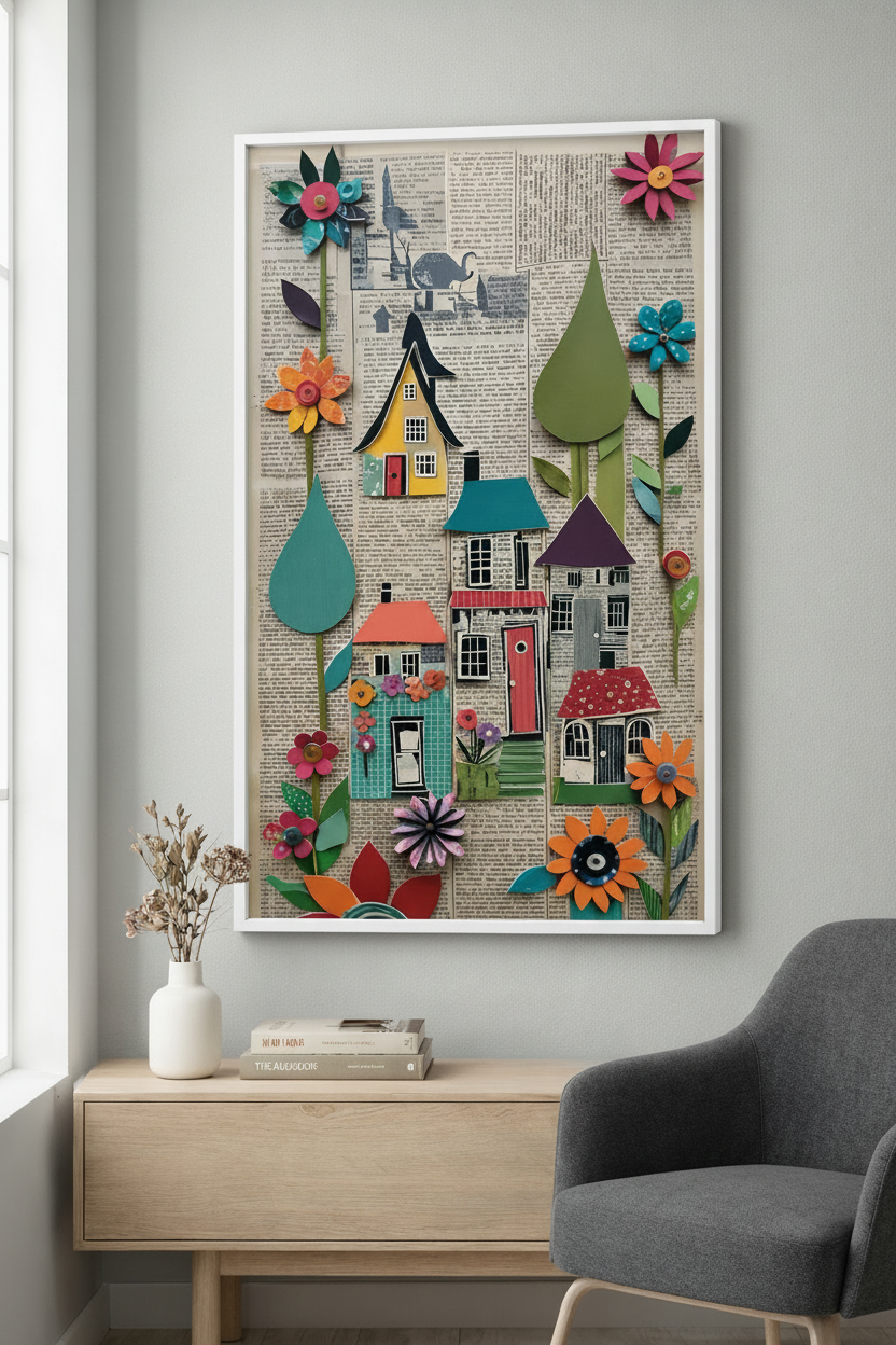 Whimsical Village Collage Canvas