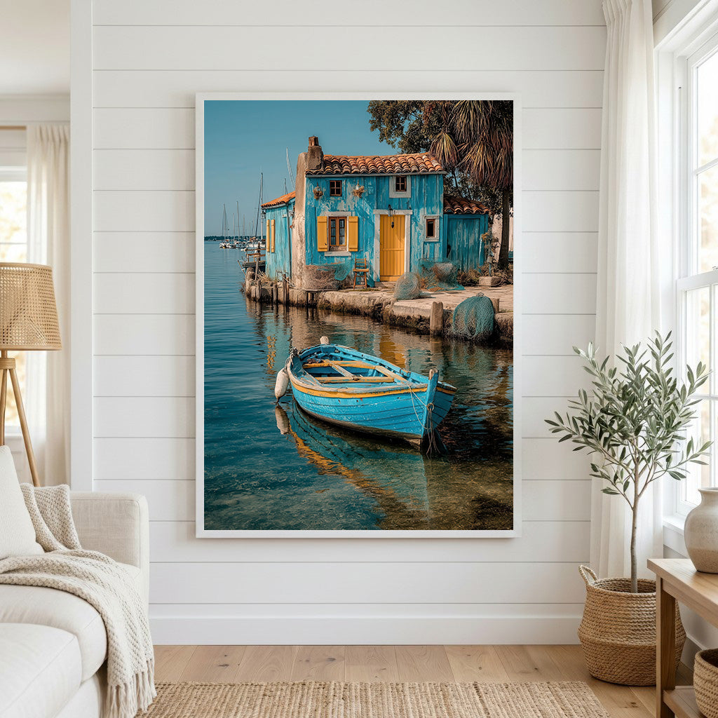 Mediterranean Blue House & Boat Canvas