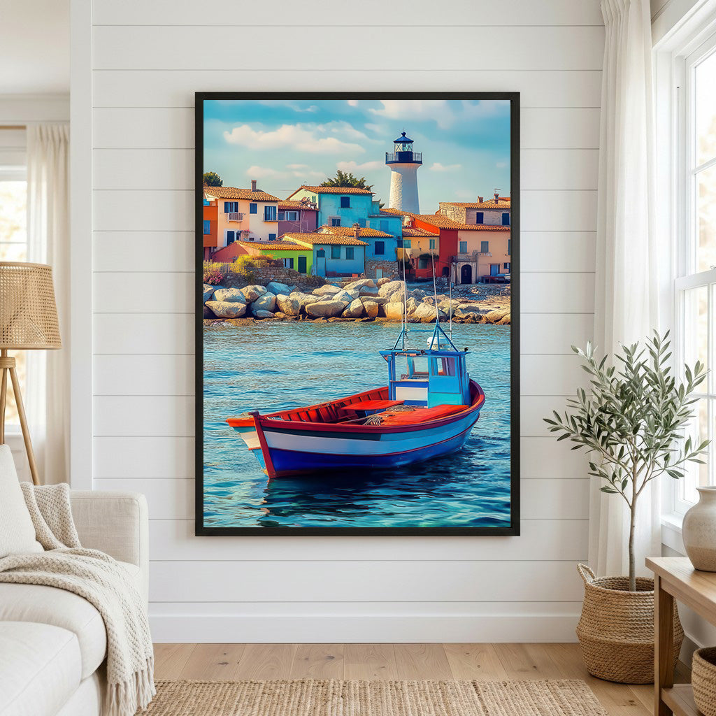 Colorful Coastal Village & Boat Canvas