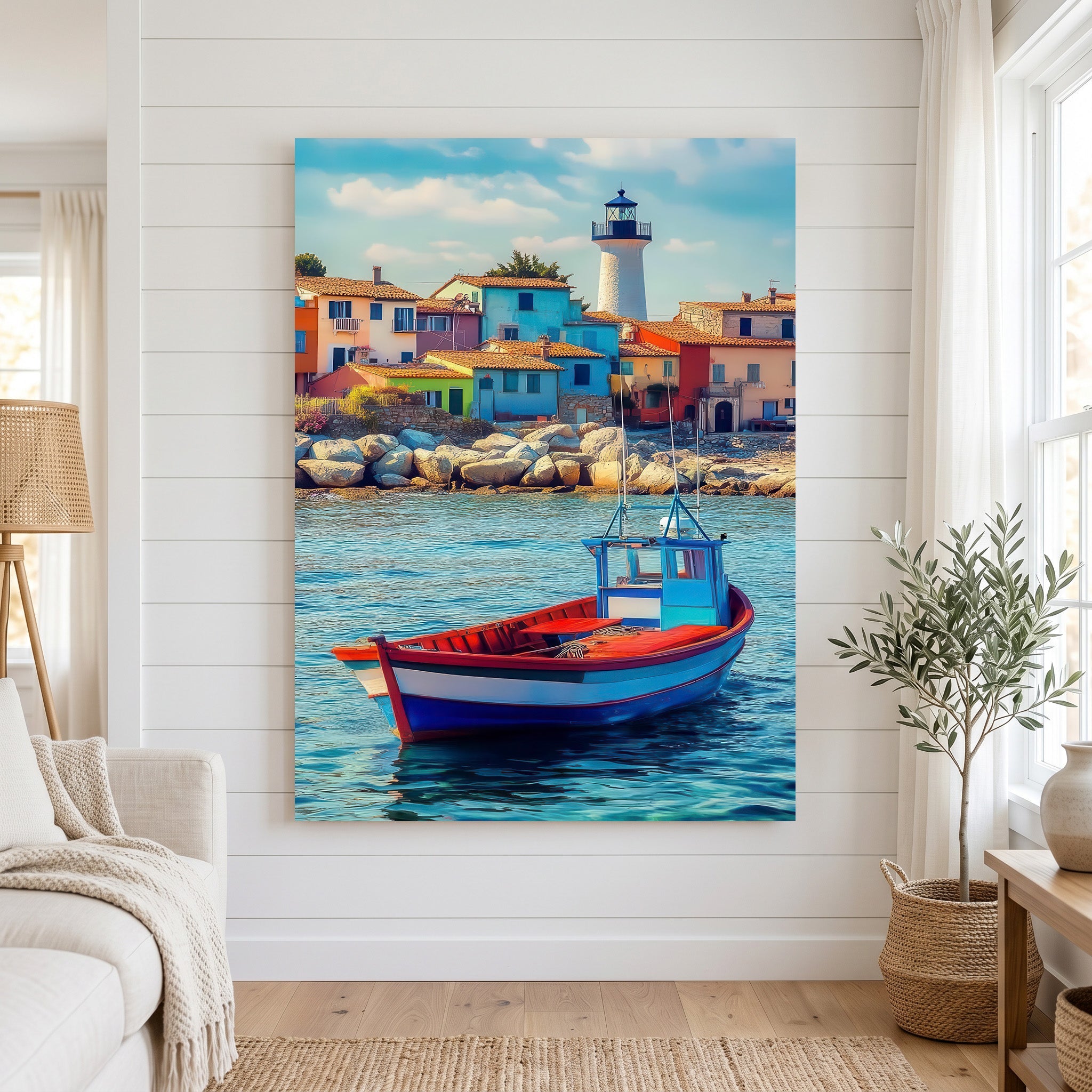 Colorful Coastal Village & Boat Canvas