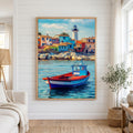 Colorful Coastal Village & Boat Canvas