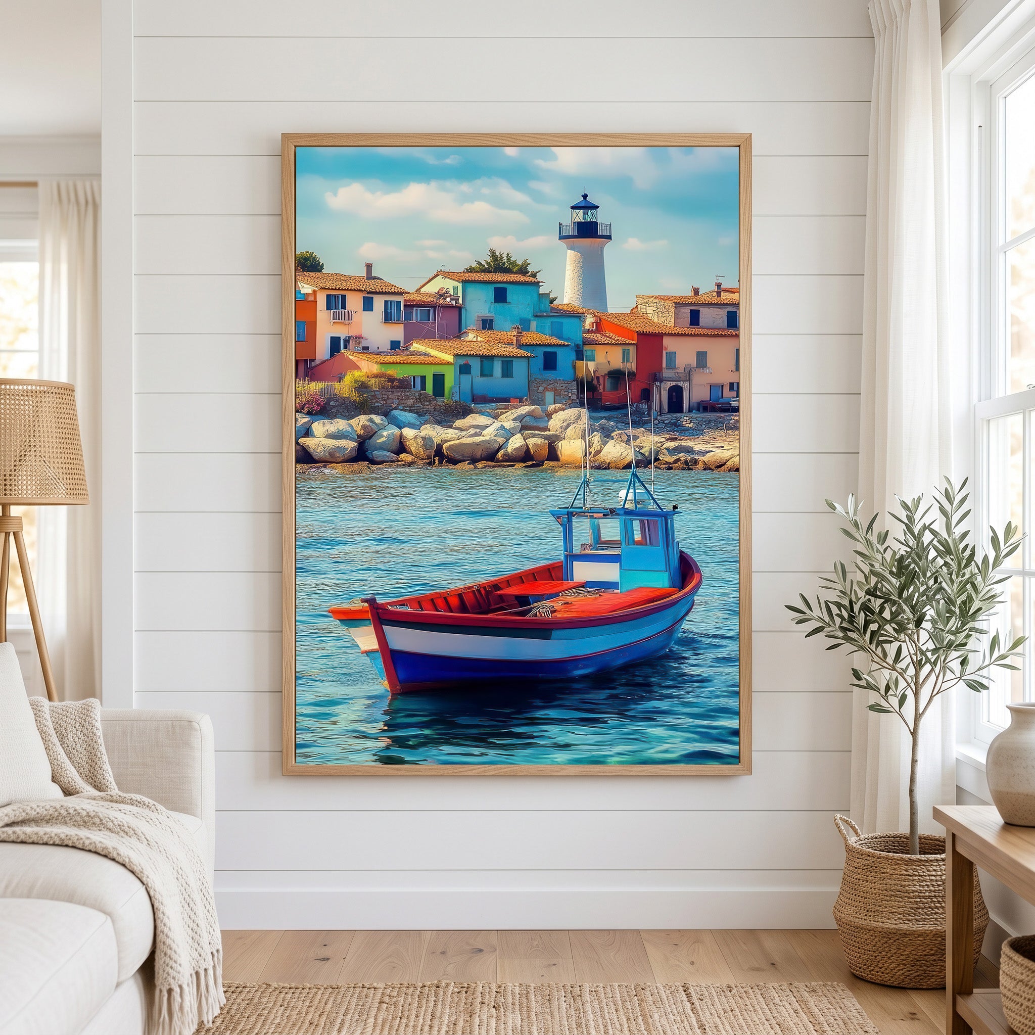 Colorful Coastal Village & Boat Canvas