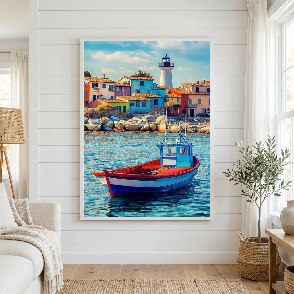 Colorful Coastal Village & Boat Canvas