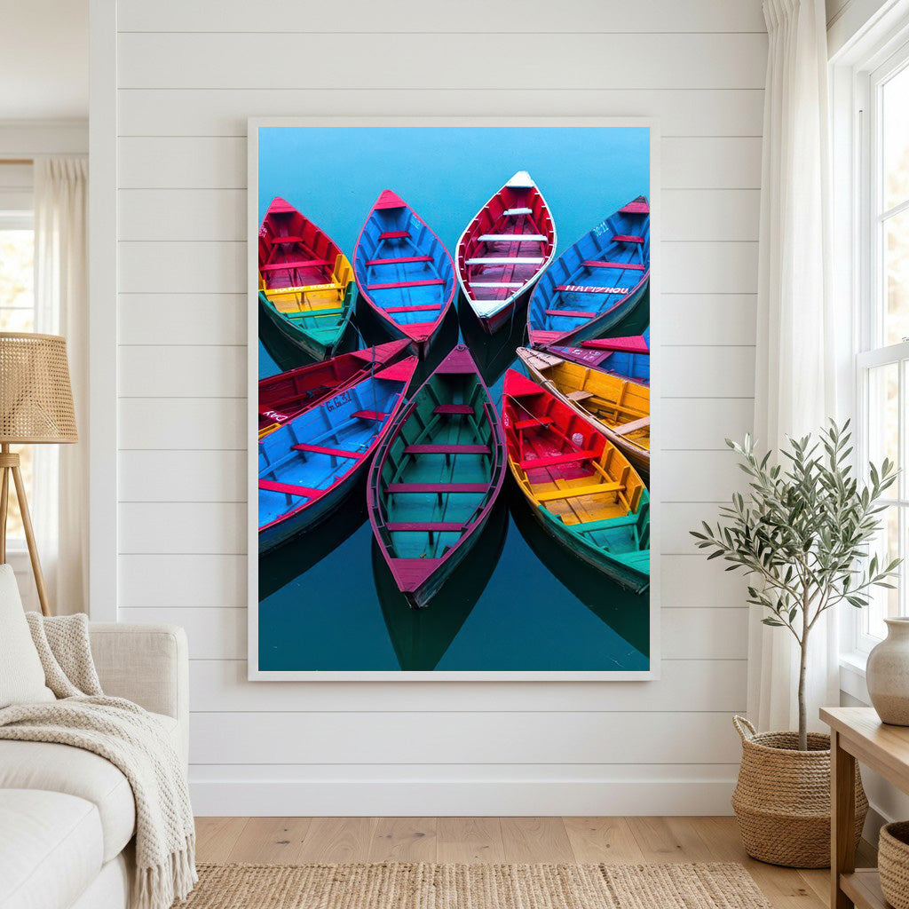 Colorful Boats on Calm Water Canvas Wall Art