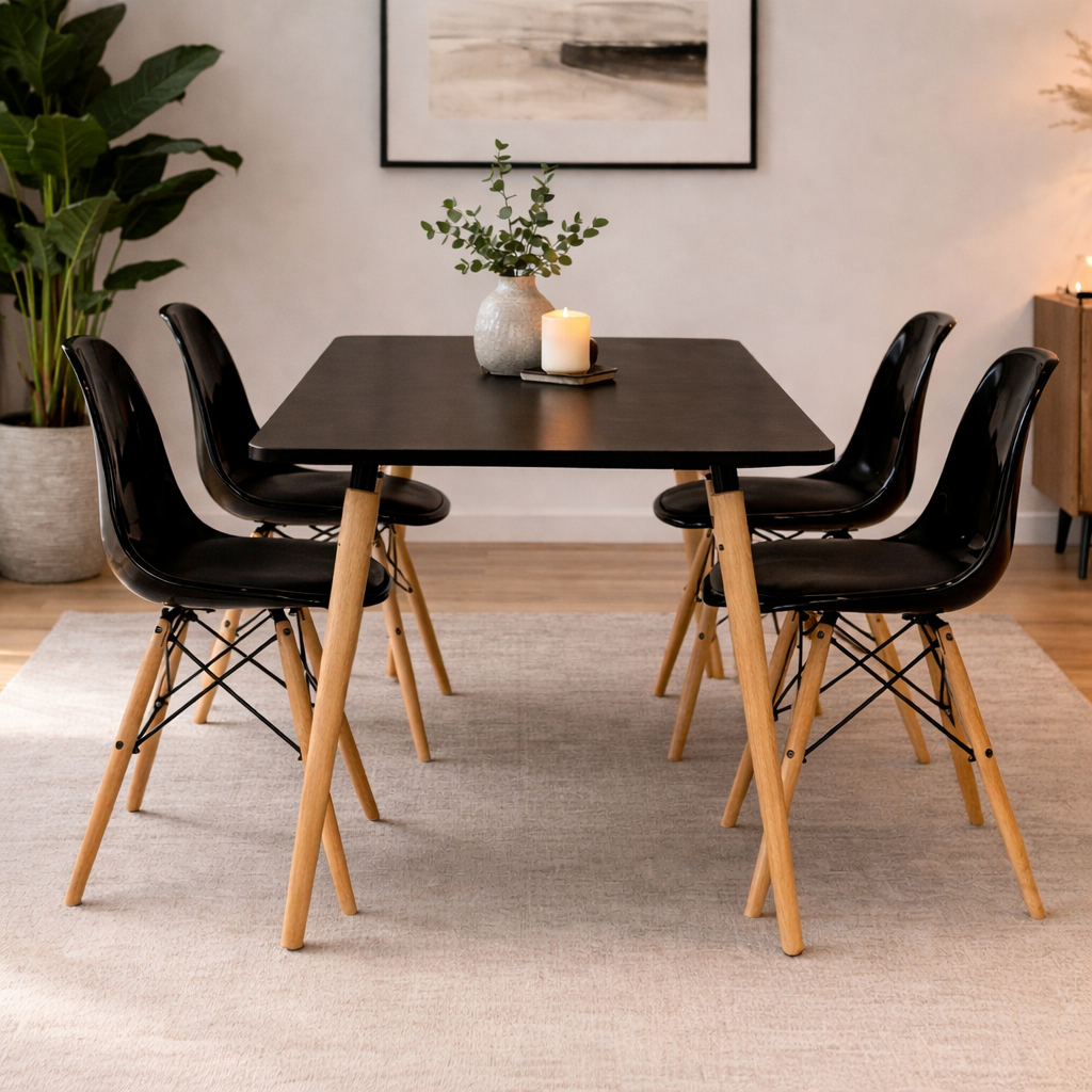 Modern Dining Table Set with 4 Acrylic Chairs – MDF Table & Beech Wood Legs