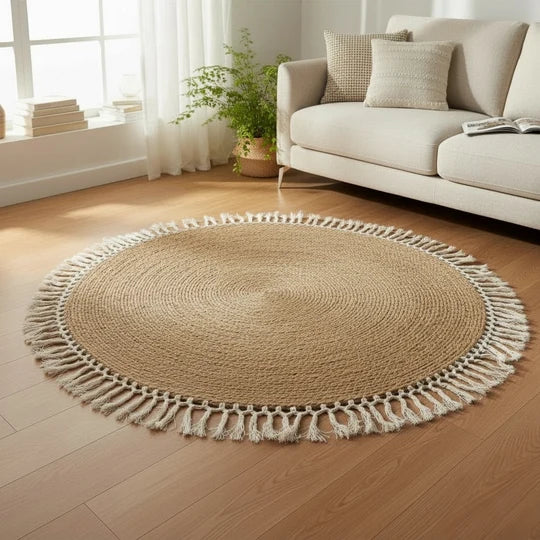 Round Handwoven Jute Rug with Fringe