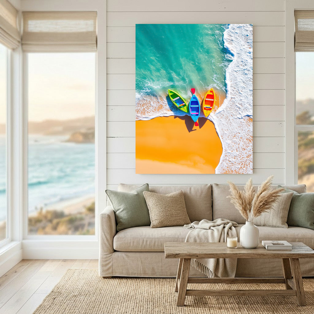 Colorful Kayaks Beach Aerial Canvas Art