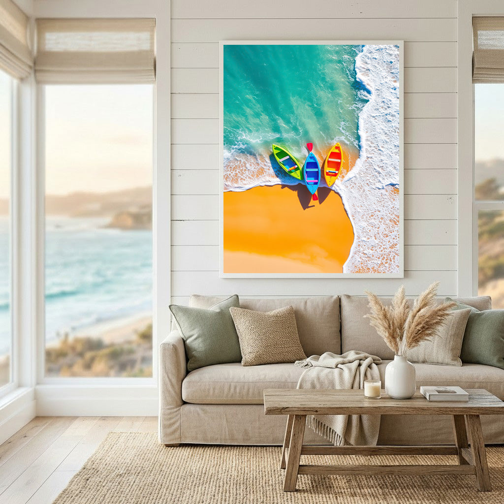 Colorful Kayaks Beach Aerial Canvas Art