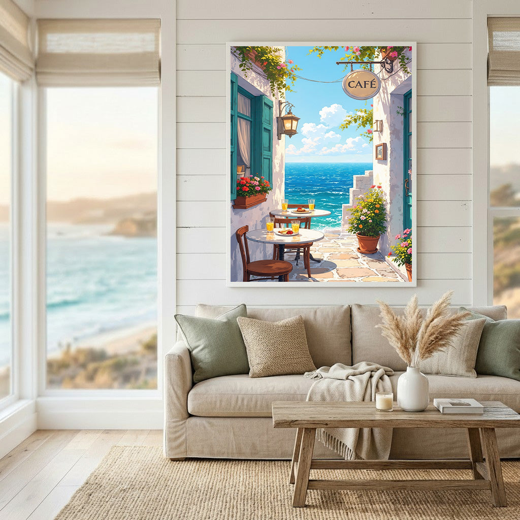 Seaside Cafe Ocean View Canvas Art