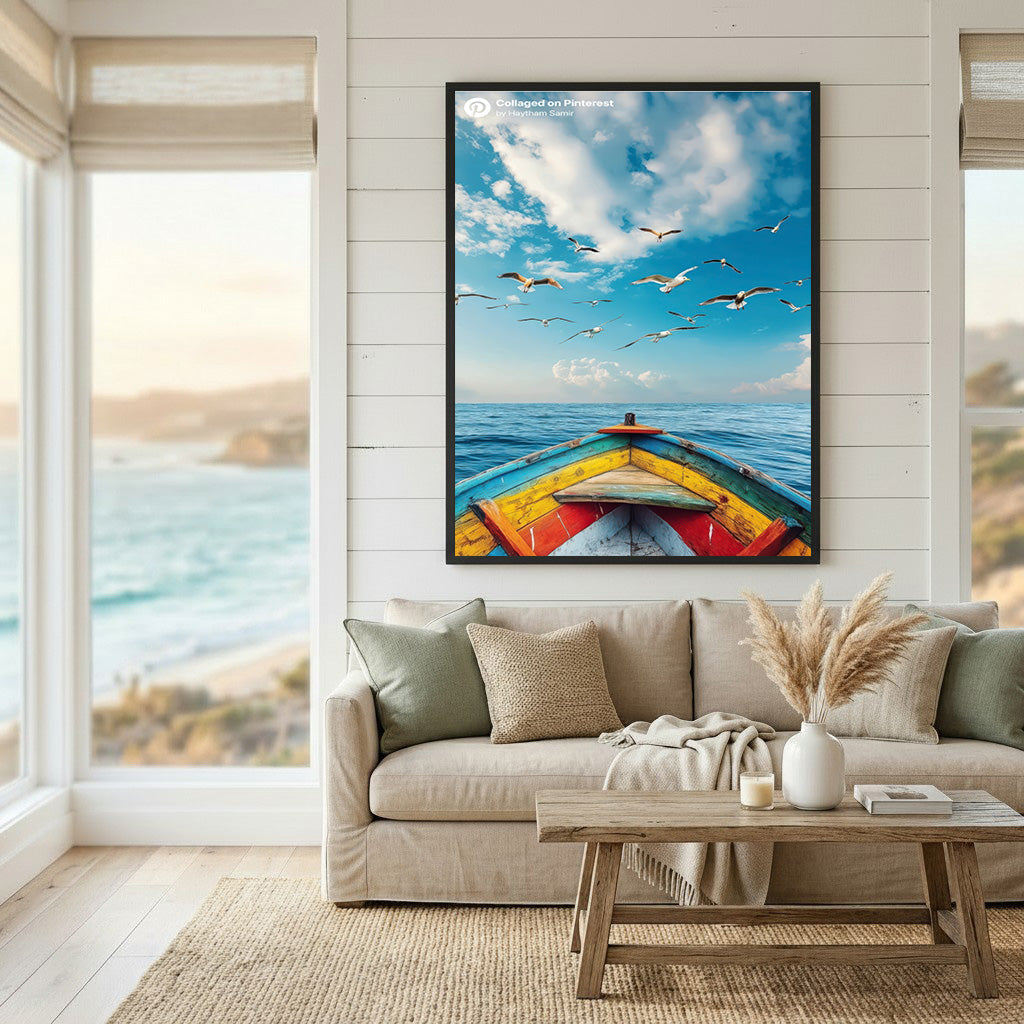 Seagulls Over Ocean Boat Canvas Art