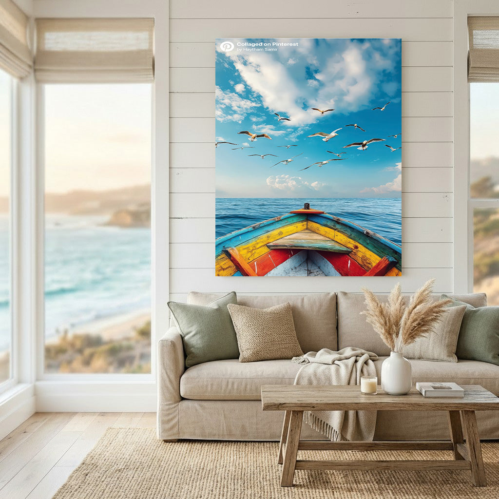 Seagulls Over Ocean Boat Canvas Art