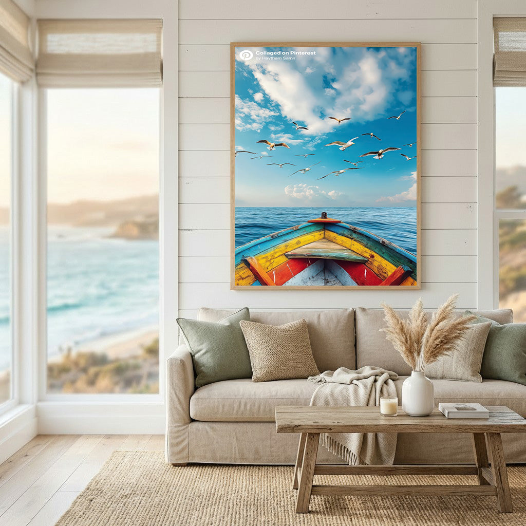 Seagulls Over Ocean Boat Canvas Art