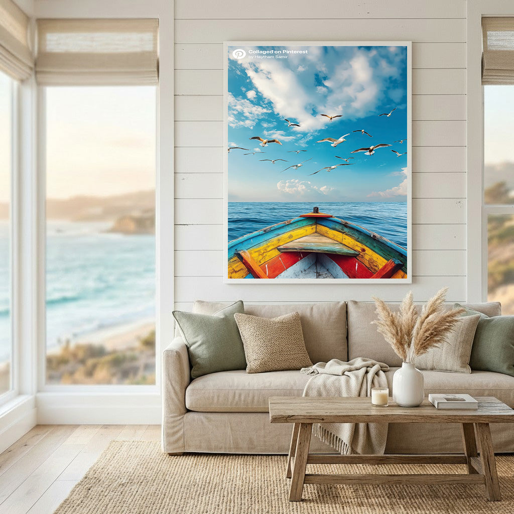 Seagulls Over Ocean Boat Canvas Art