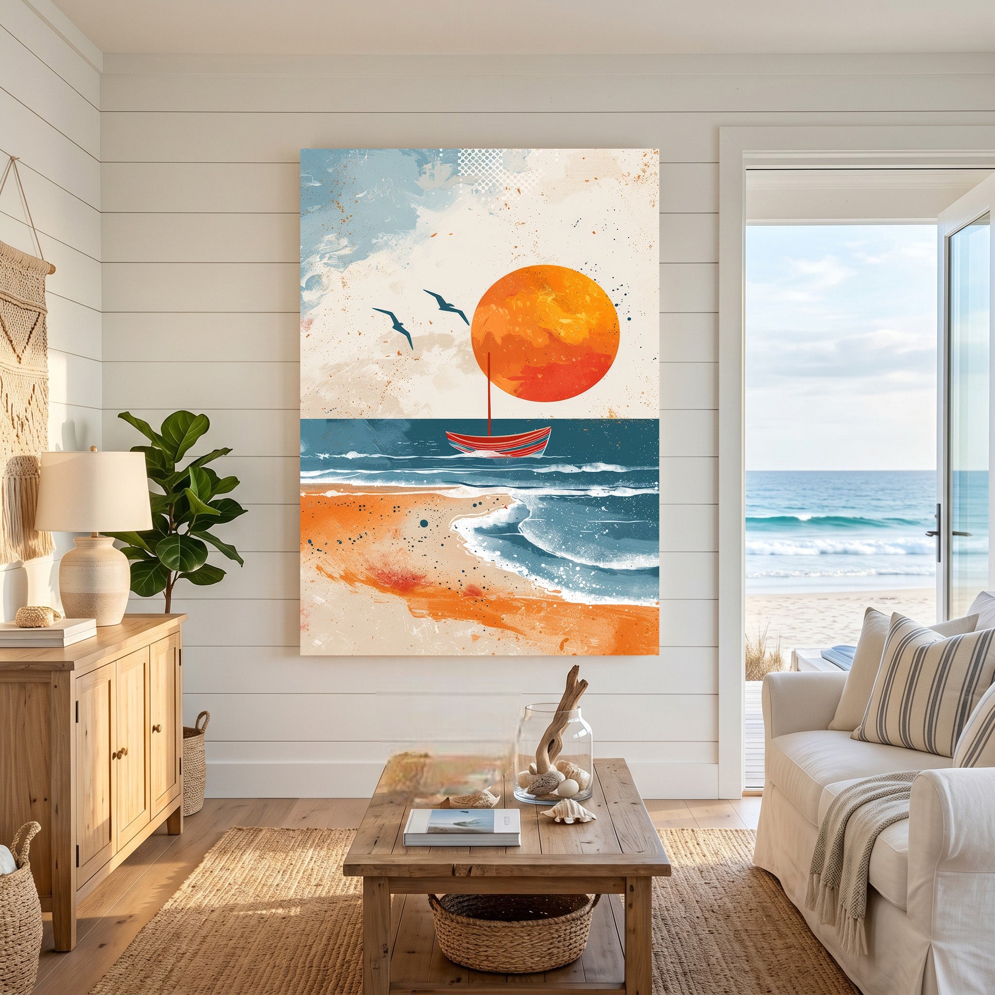 Abstract Sunset Sailboat Beach Wall Art