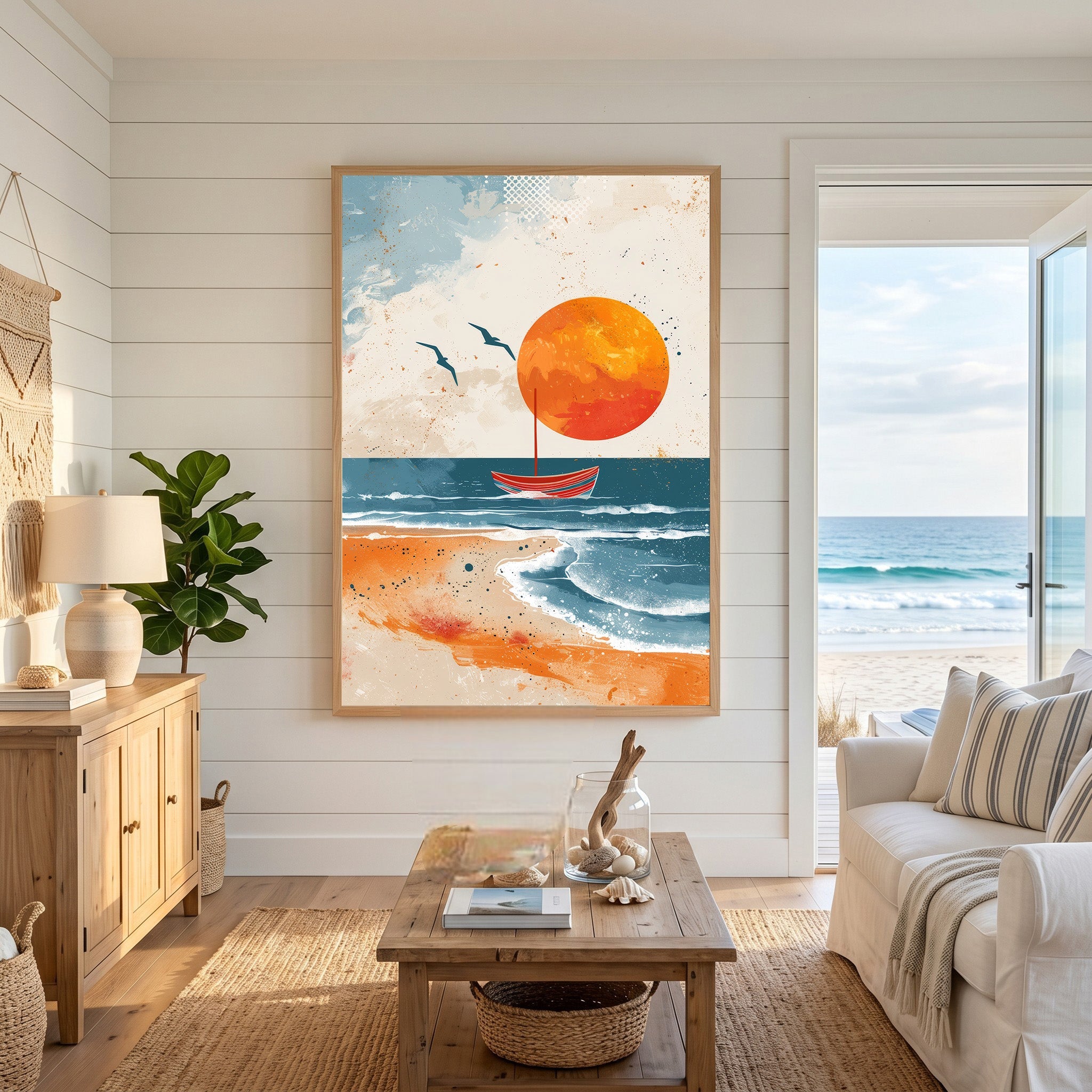 Abstract Sunset Sailboat Beach Wall Art