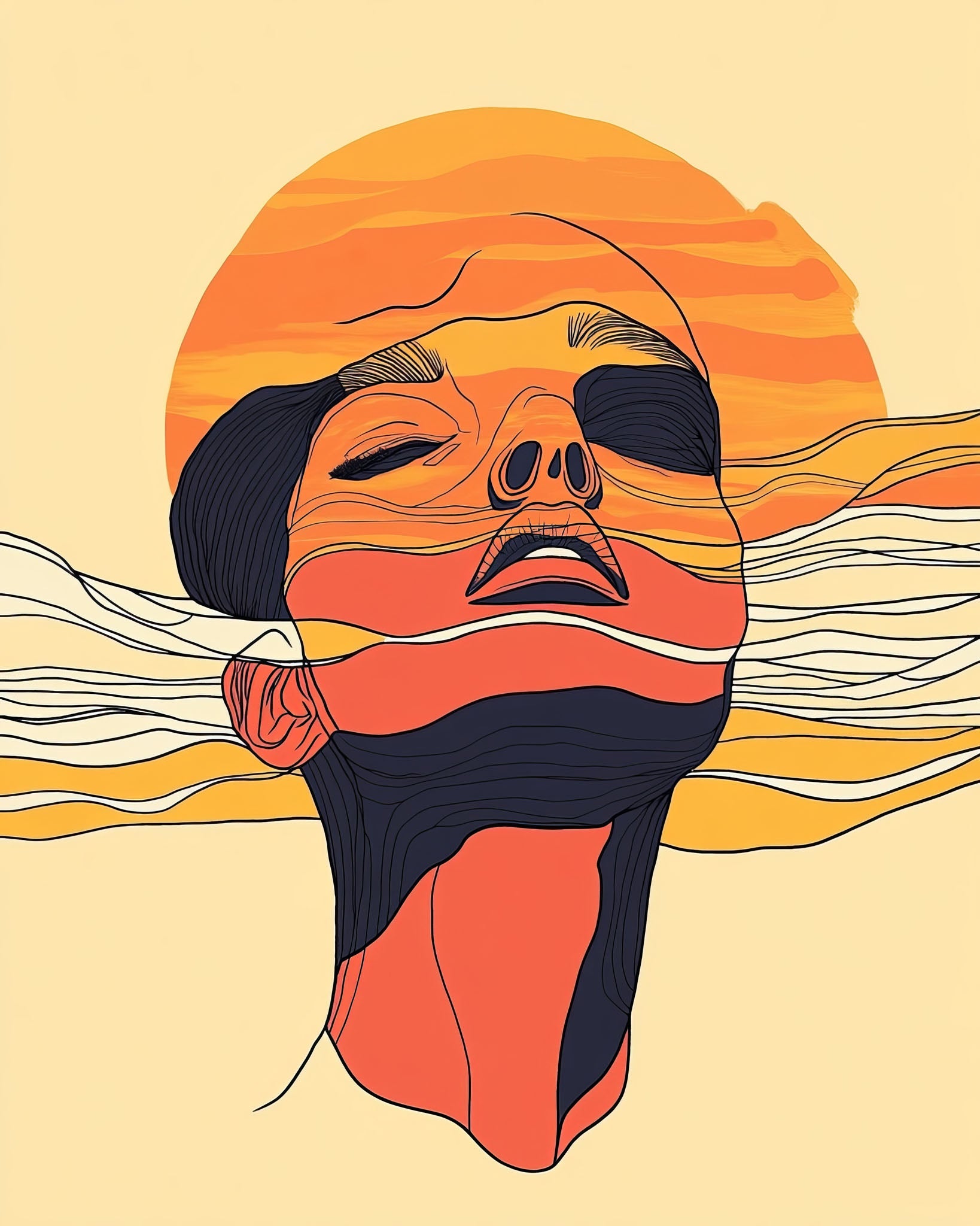 Abstract Face With Sunburst Lines Wall Art