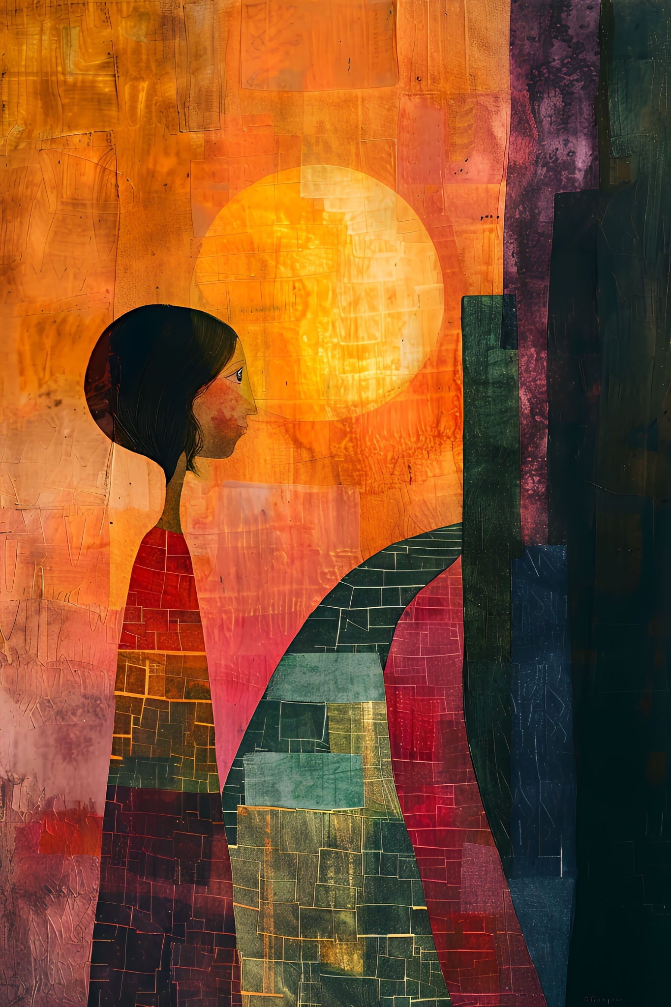 Abstract Figure With Sun And Cityscape