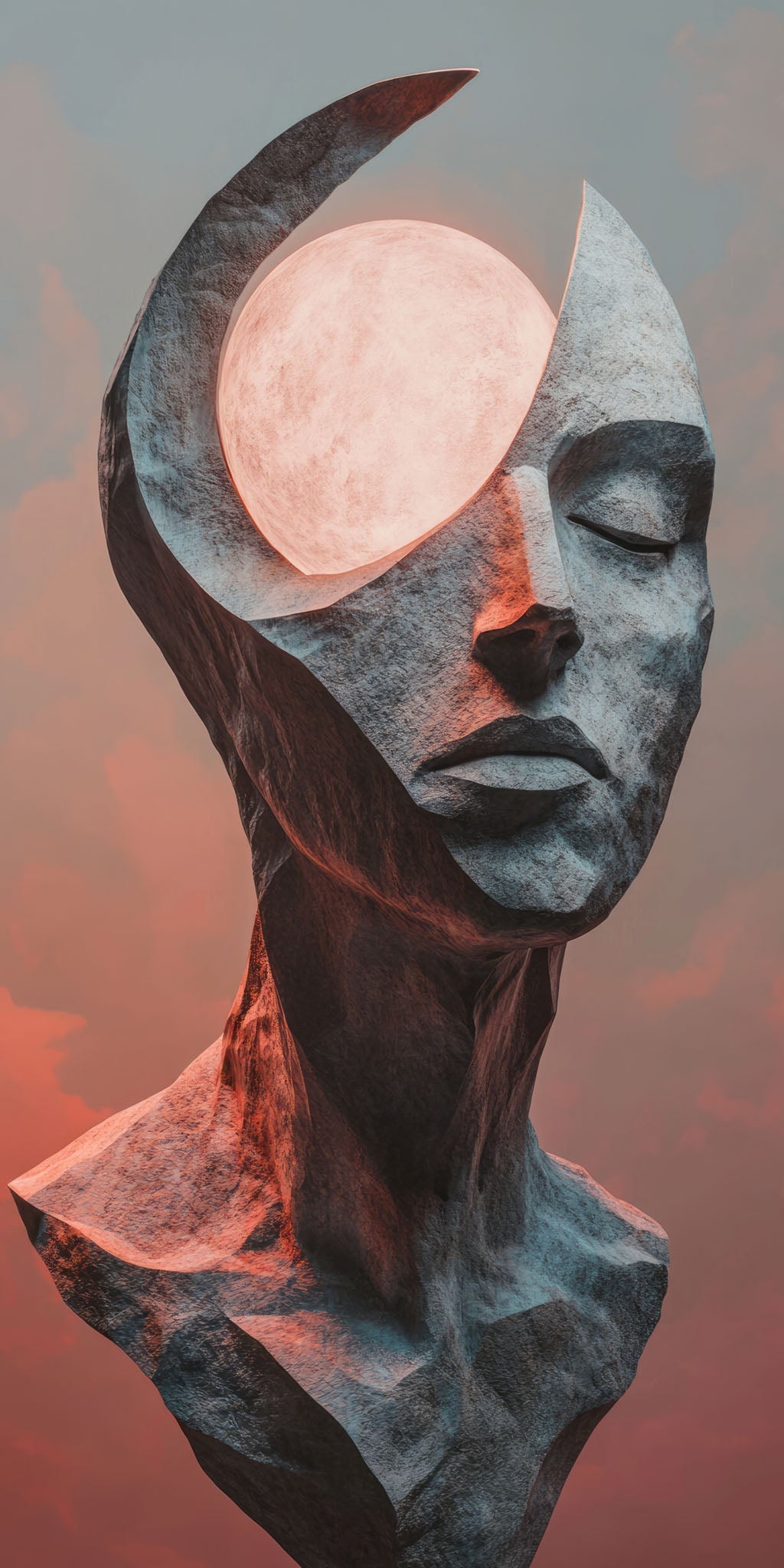 Abstract Head Sculpture With Celestial Orb