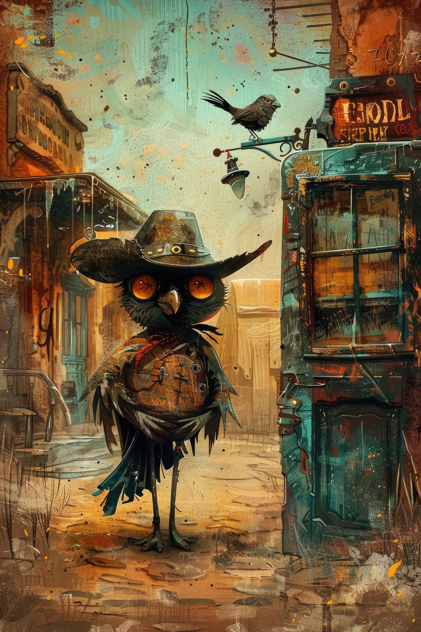 Whimsical Owl Cowboy Western Art Print