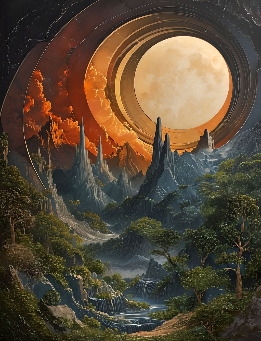 Cosmic Mountain Landscape With Ringed Planet