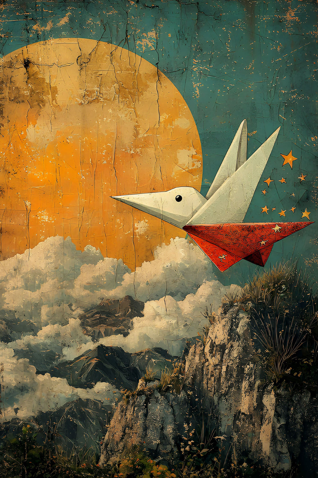Origami Bird Flying Over Mountains Under The Moon