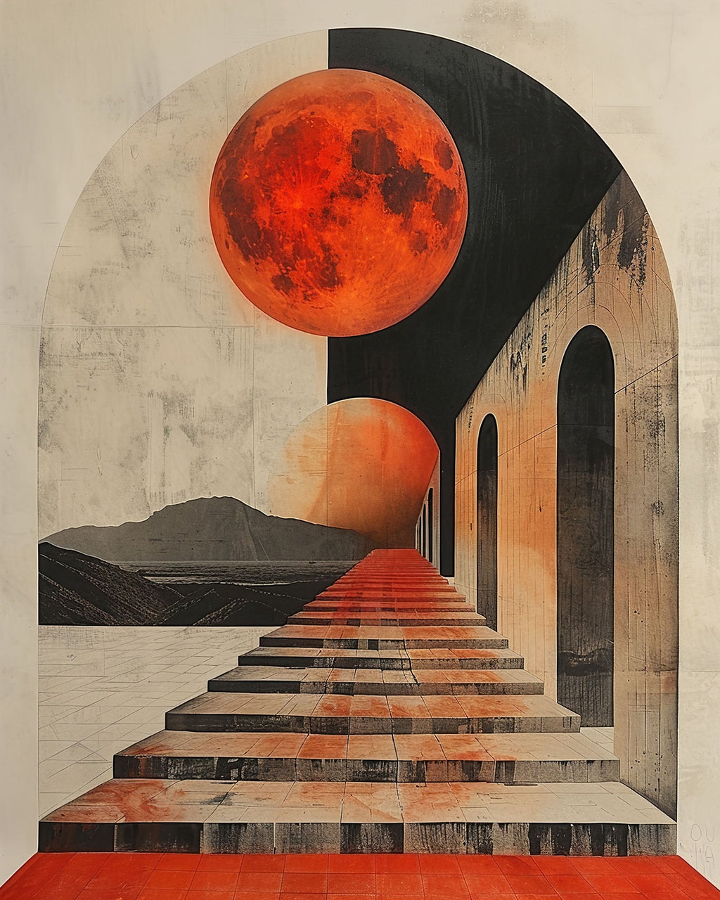 Surreal Archway With Red Moon And Steps
