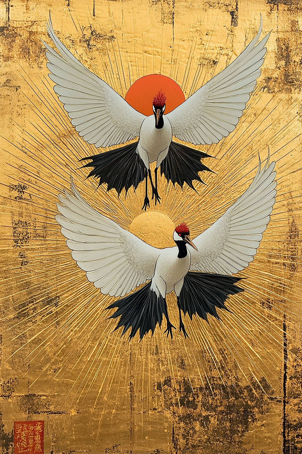 Two Cranes With Rising Sun Artwork