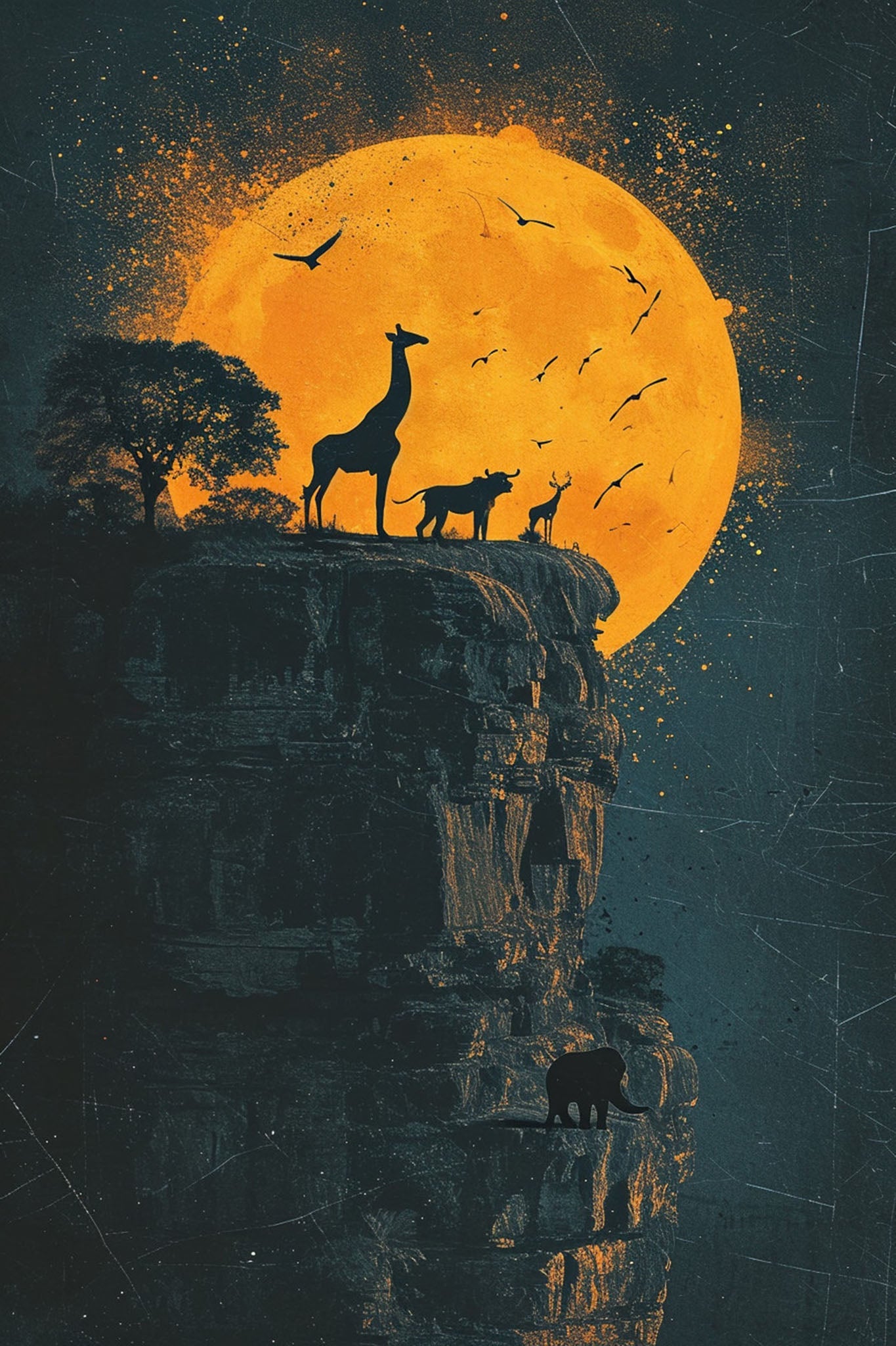 African Wildlife Sunset Silhouette Wall Art