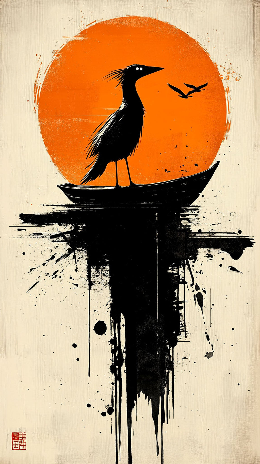 Abstract Bird Silhouette Against Orange Sun