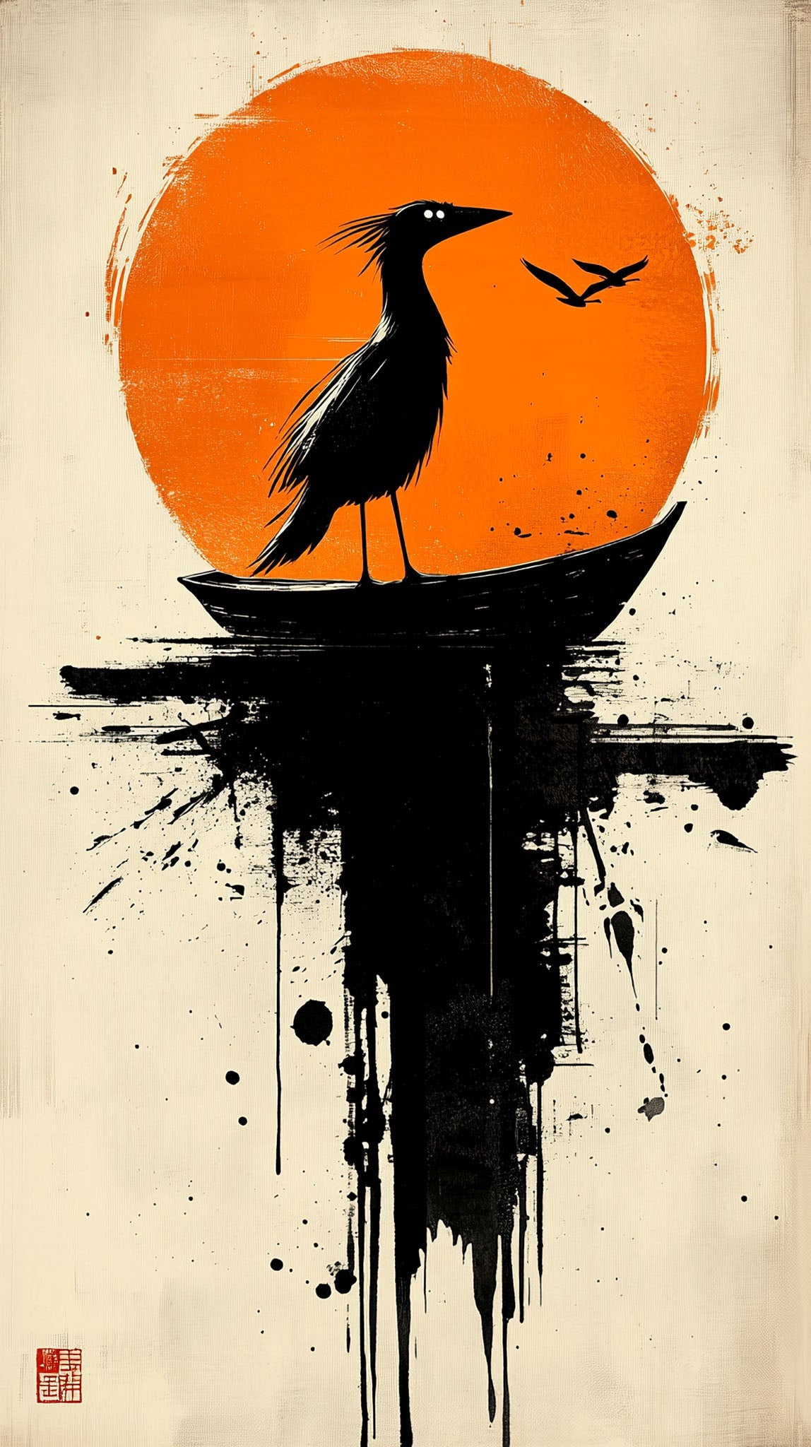 Abstract Bird Silhouette Against Orange Sun