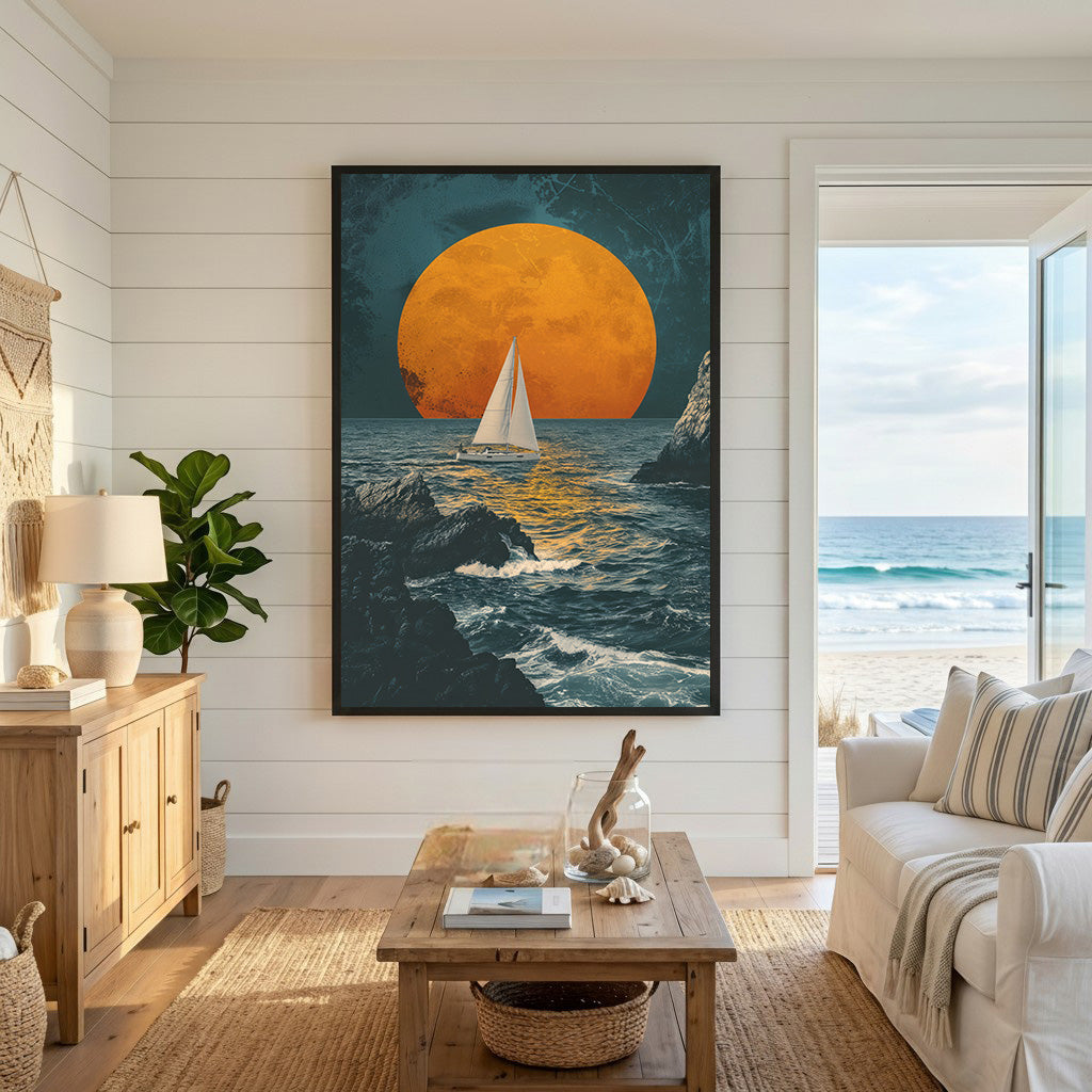Sailboat Under A Large Orange Moon