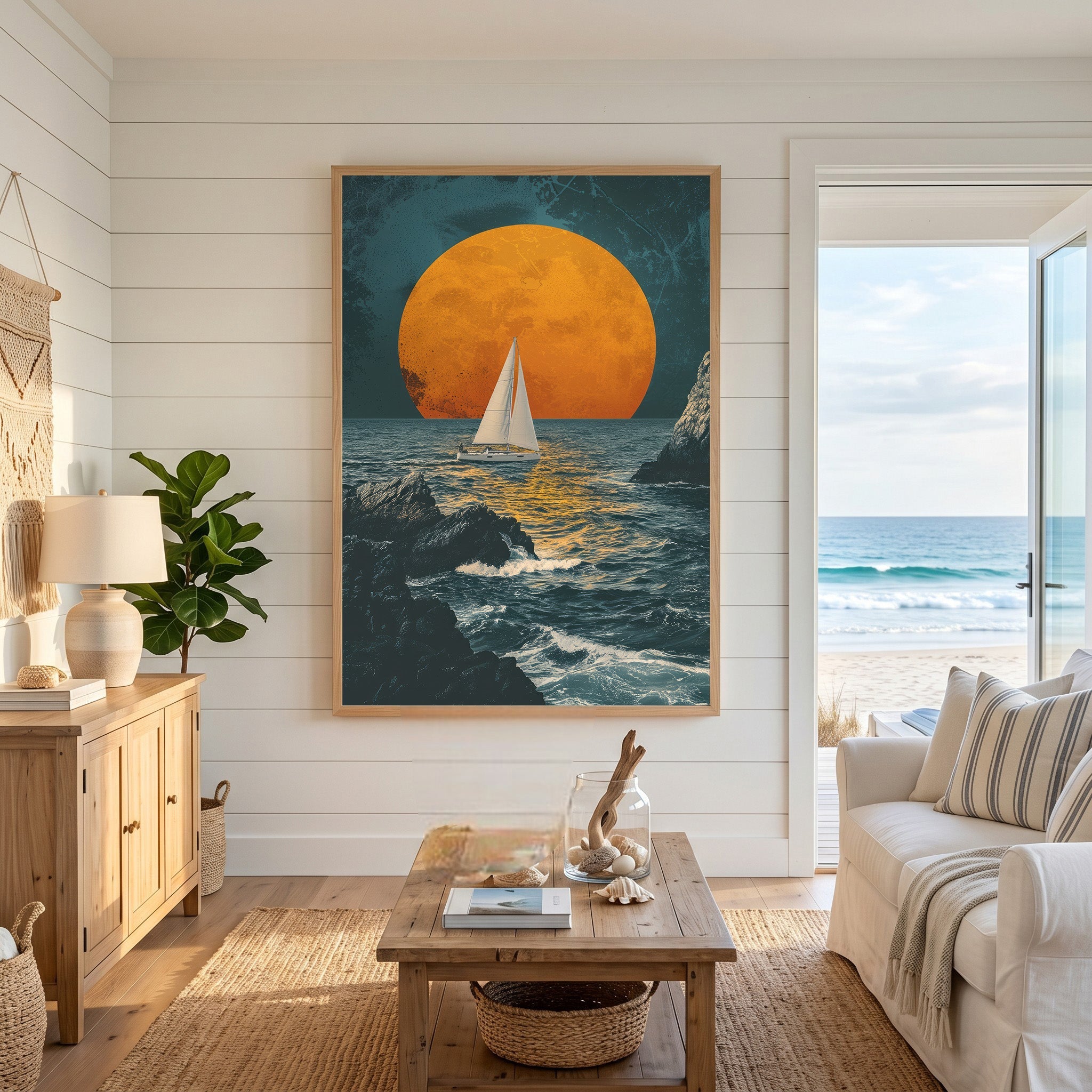 Sailboat Under A Large Orange Moon
