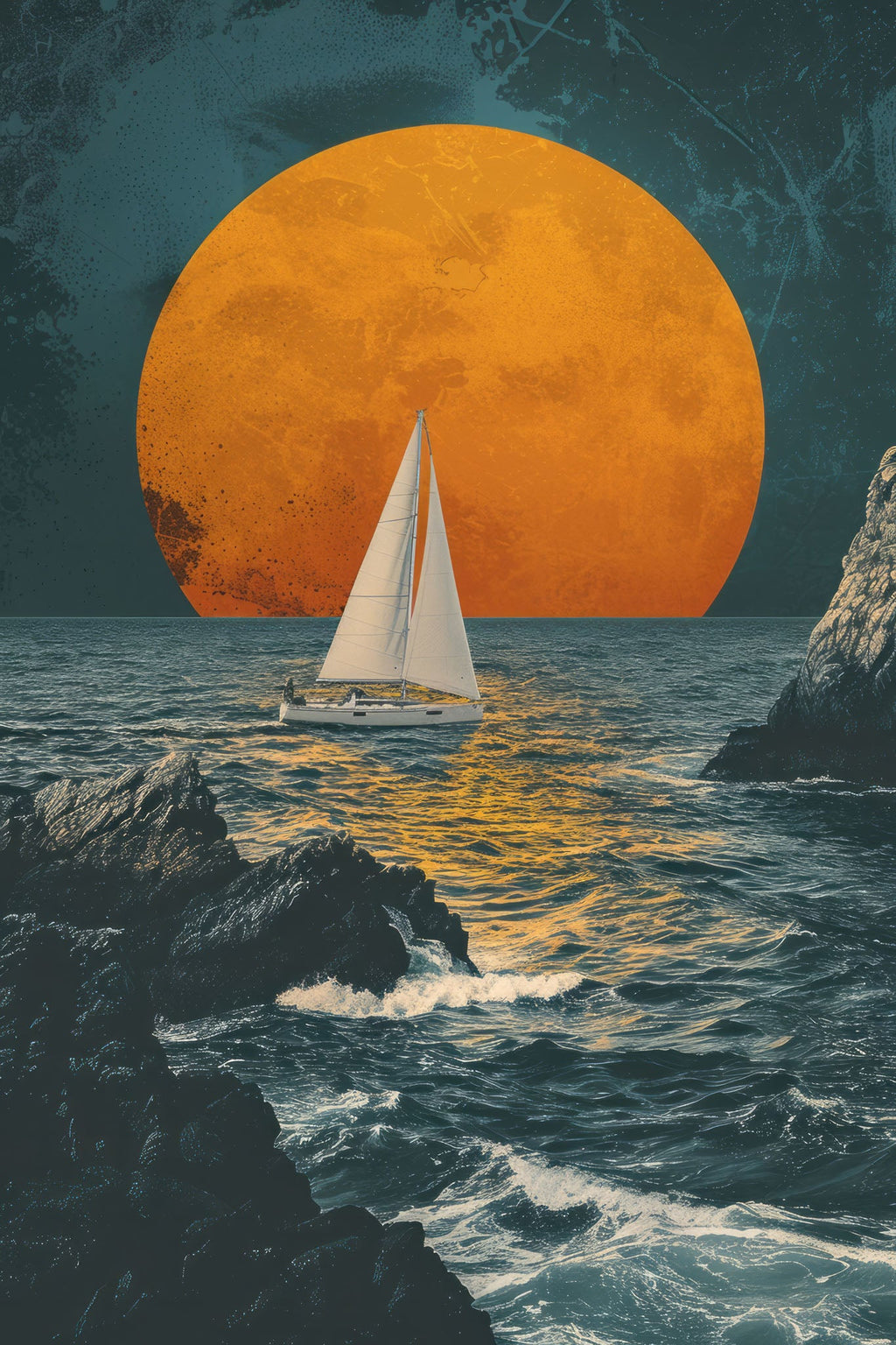 Sailboat Under A Large Orange Moon