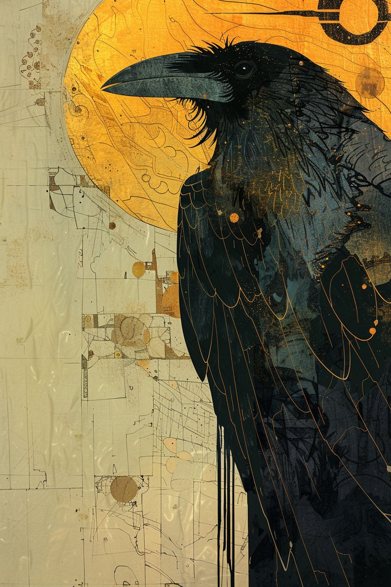 Mysterious Raven With Golden Sun Wall Art