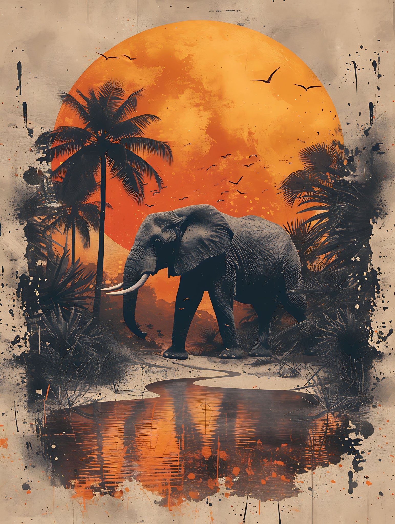 African Elephant Sunset Jungle Wall Art