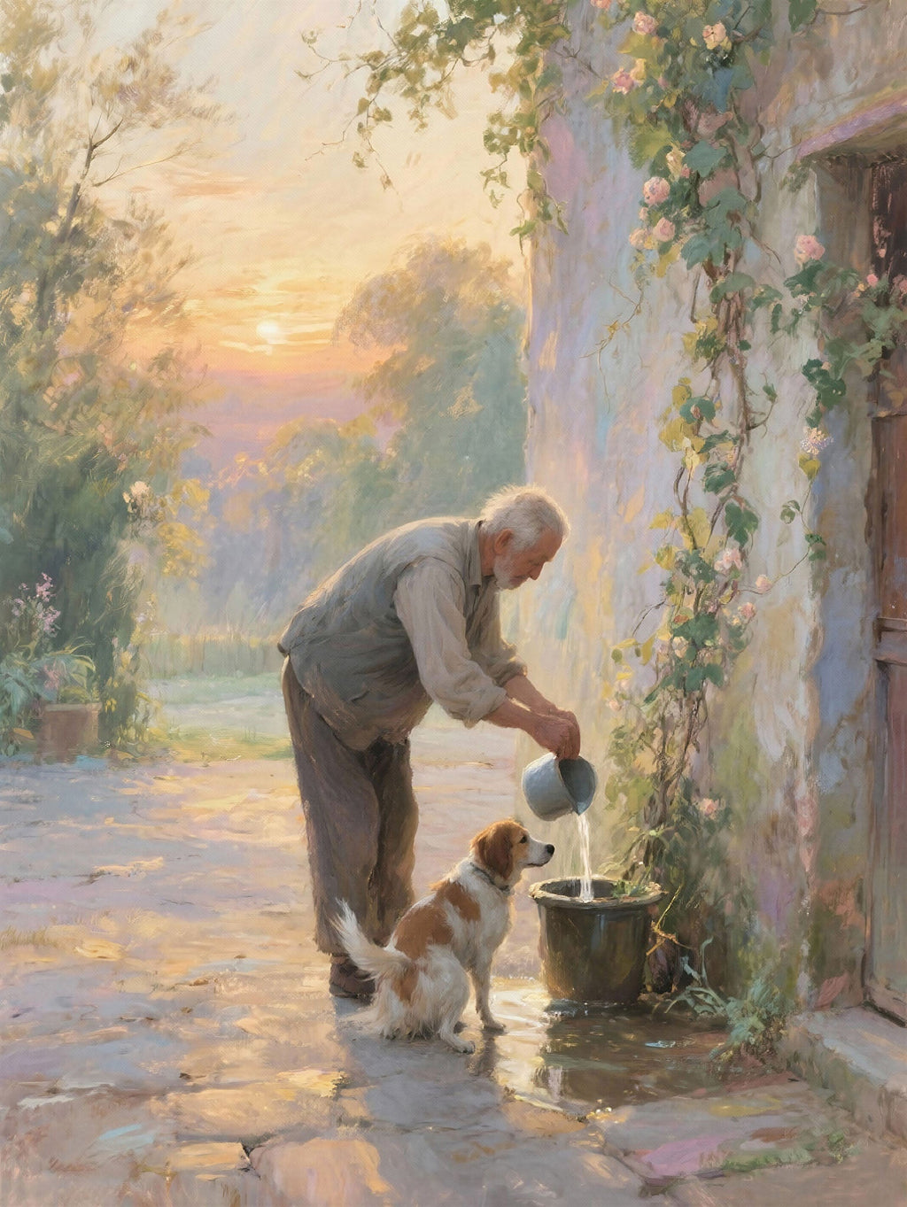 Old Man Watering Dog At Sunset