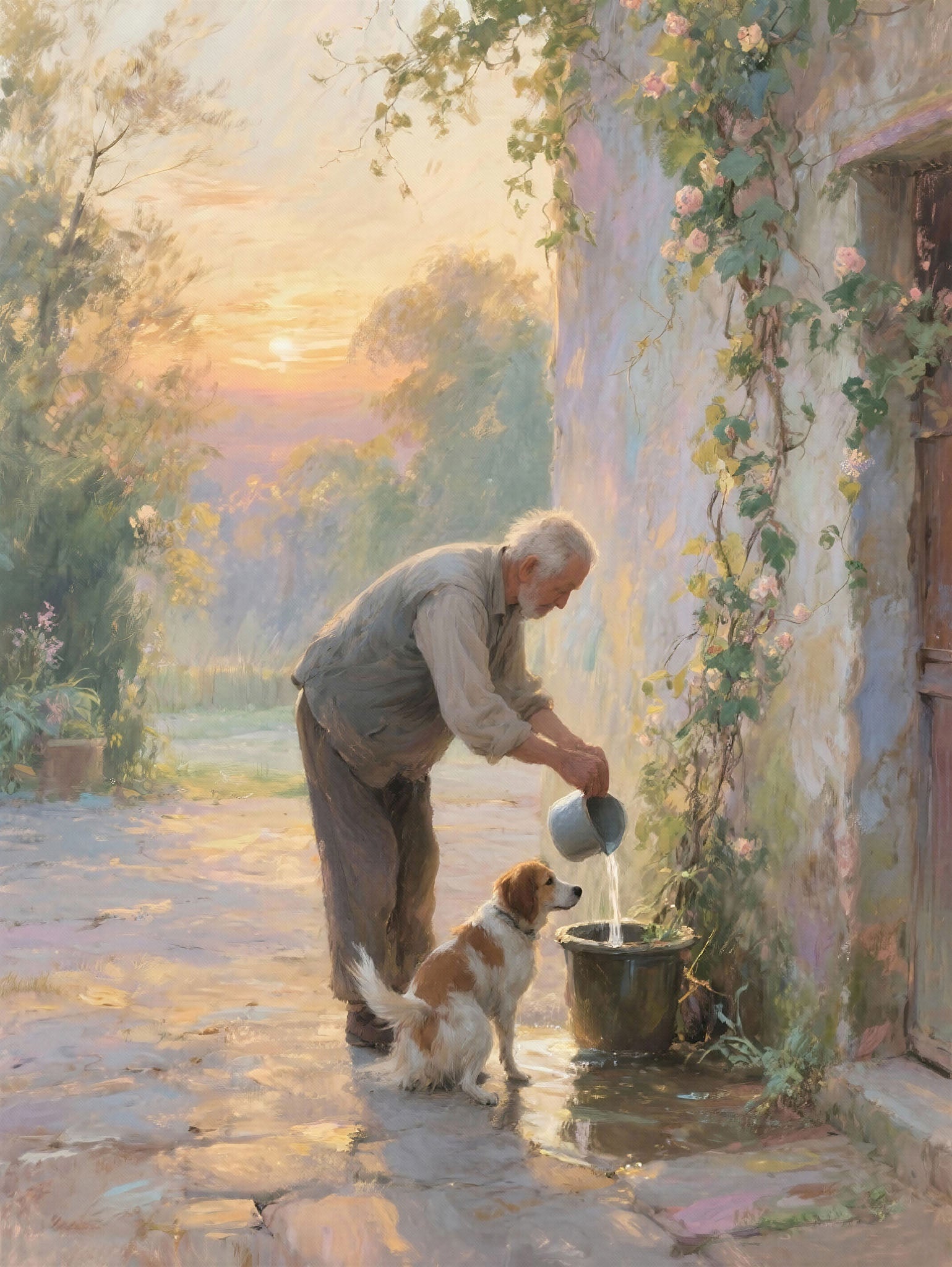 Old Man Watering Dog At Sunset