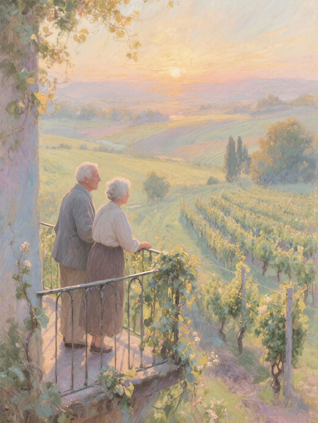 Couple Enjoying Vineyard Sunset Wall Art