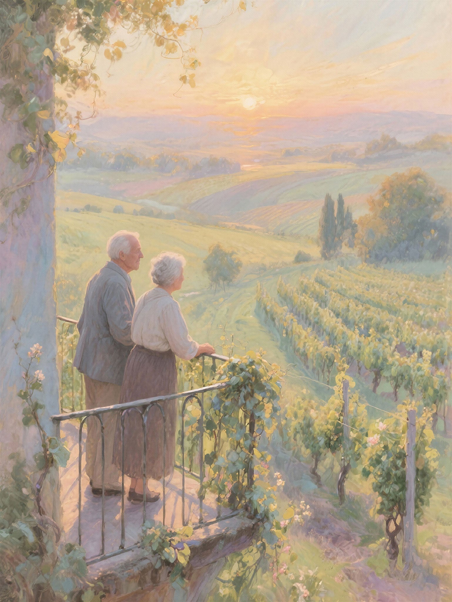 Couple Enjoying Vineyard Sunset Wall Art