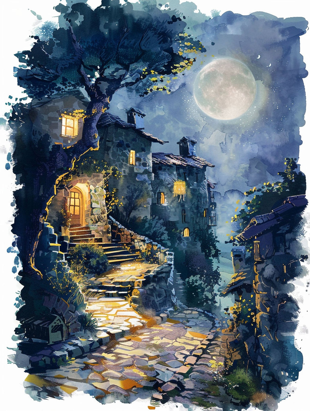 Enchanted Moonlit Village Pathway Wall Art