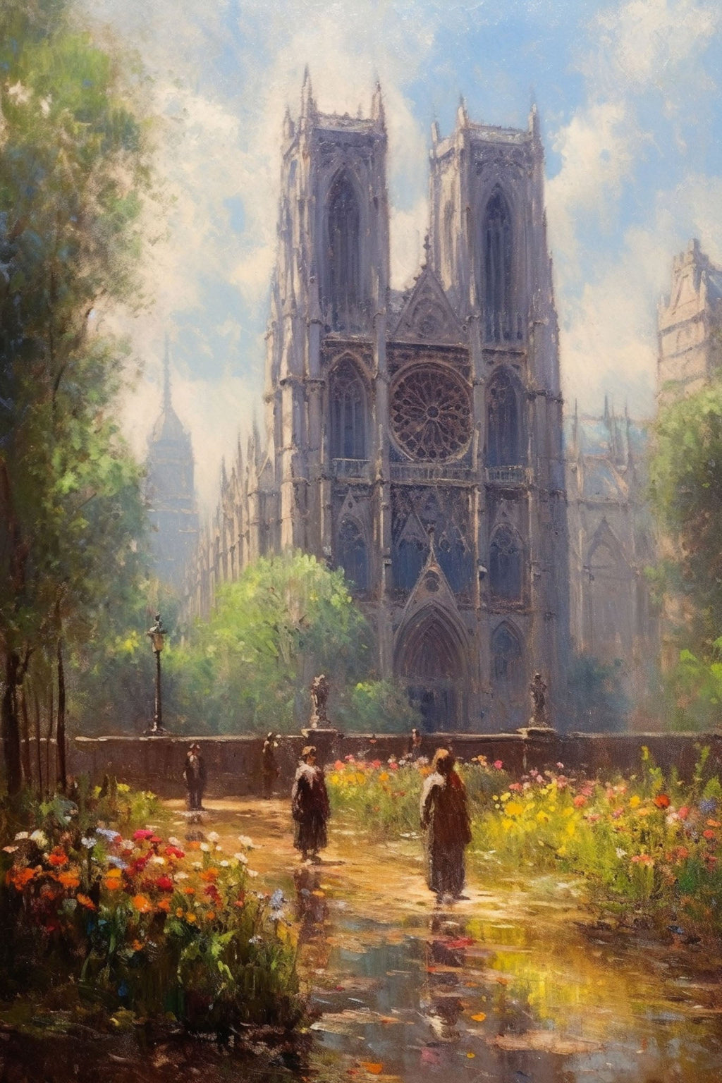 Parisian Cathedral Garden Landscape Painting