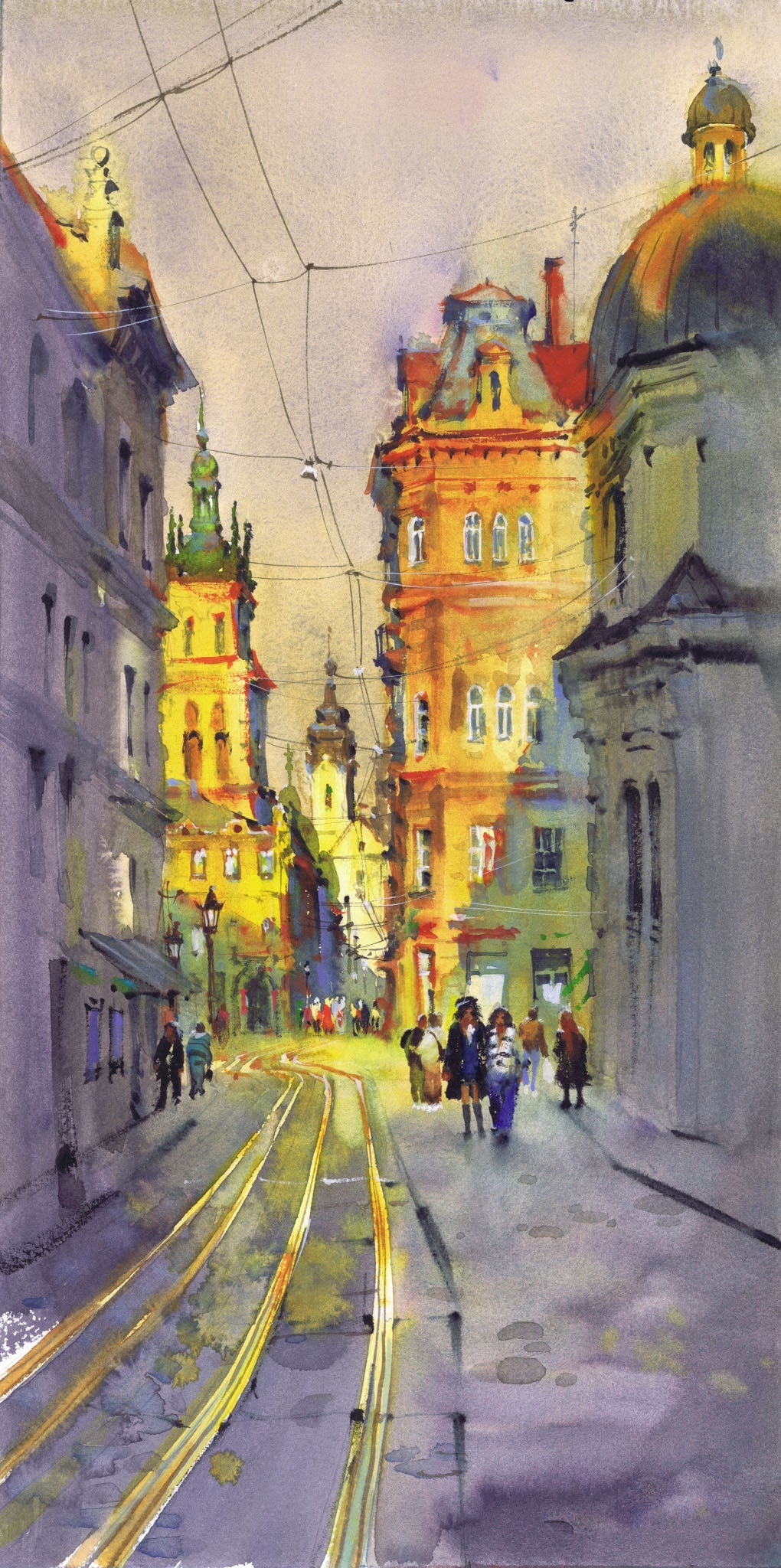 European City Street Watercolor Painting