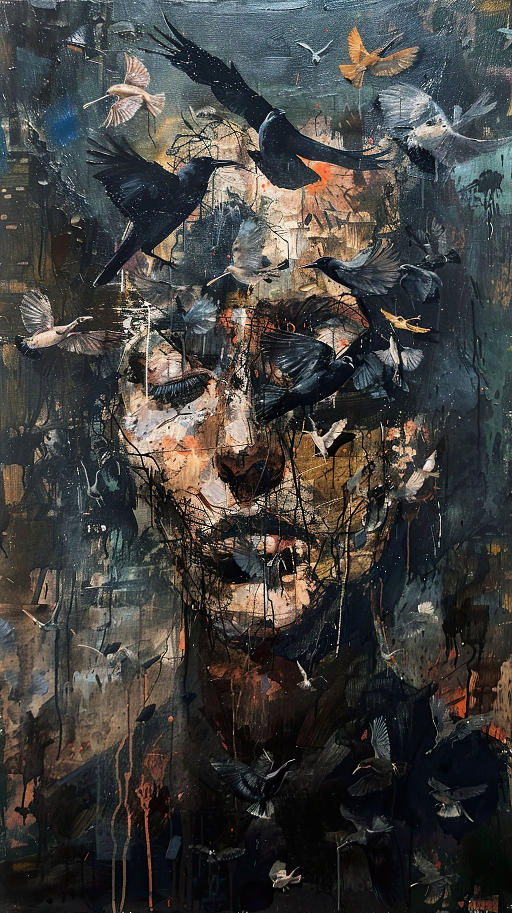 Abstract Portrait With Birds Wall Art