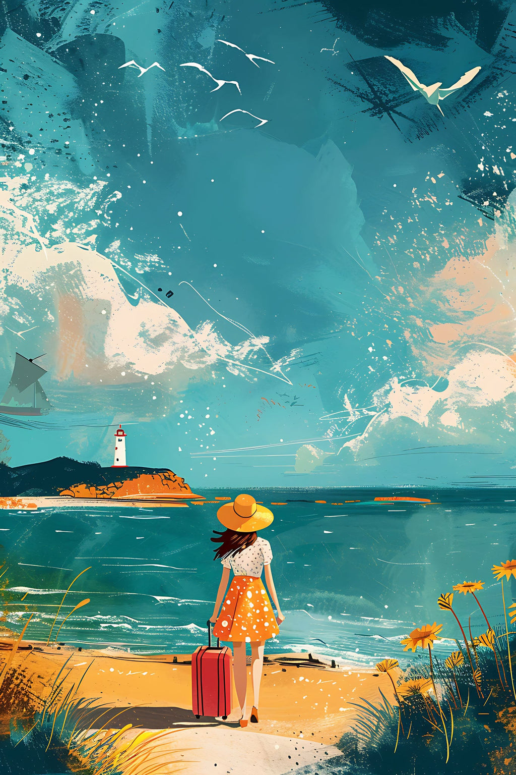 Woman With Suitcase On Beach Wall Art