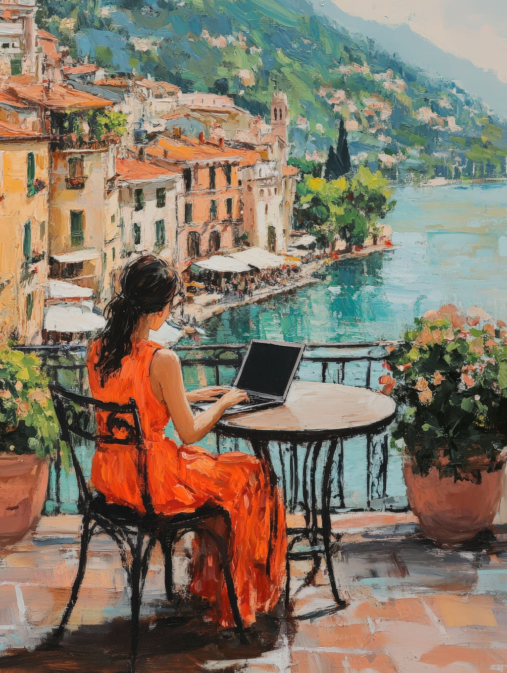 Woman Working On Laptop By The Water