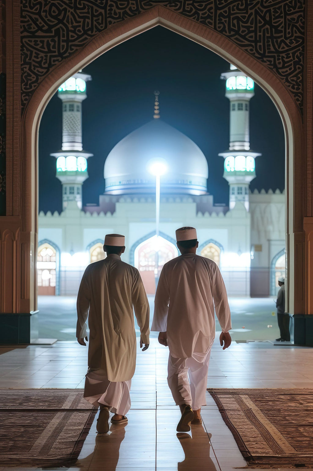 Two Men Walking Towards Mosque
