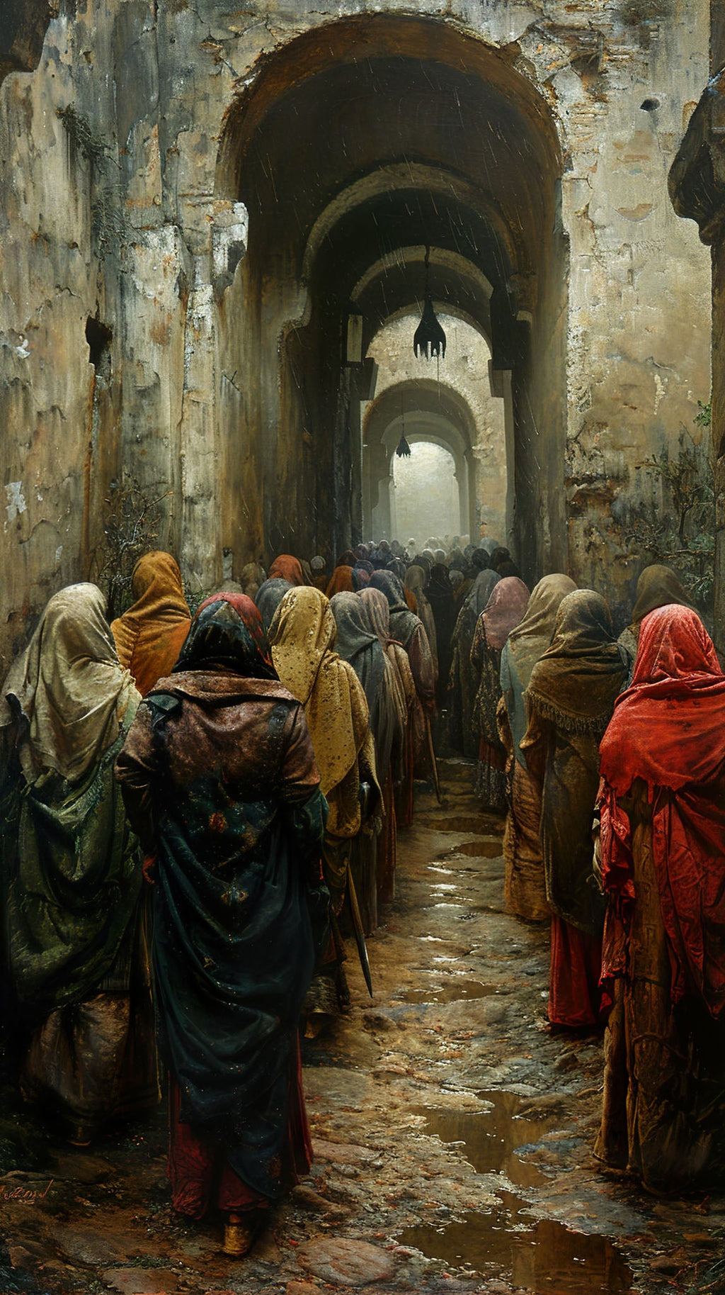 Ancient Procession Through Arched Hallway
