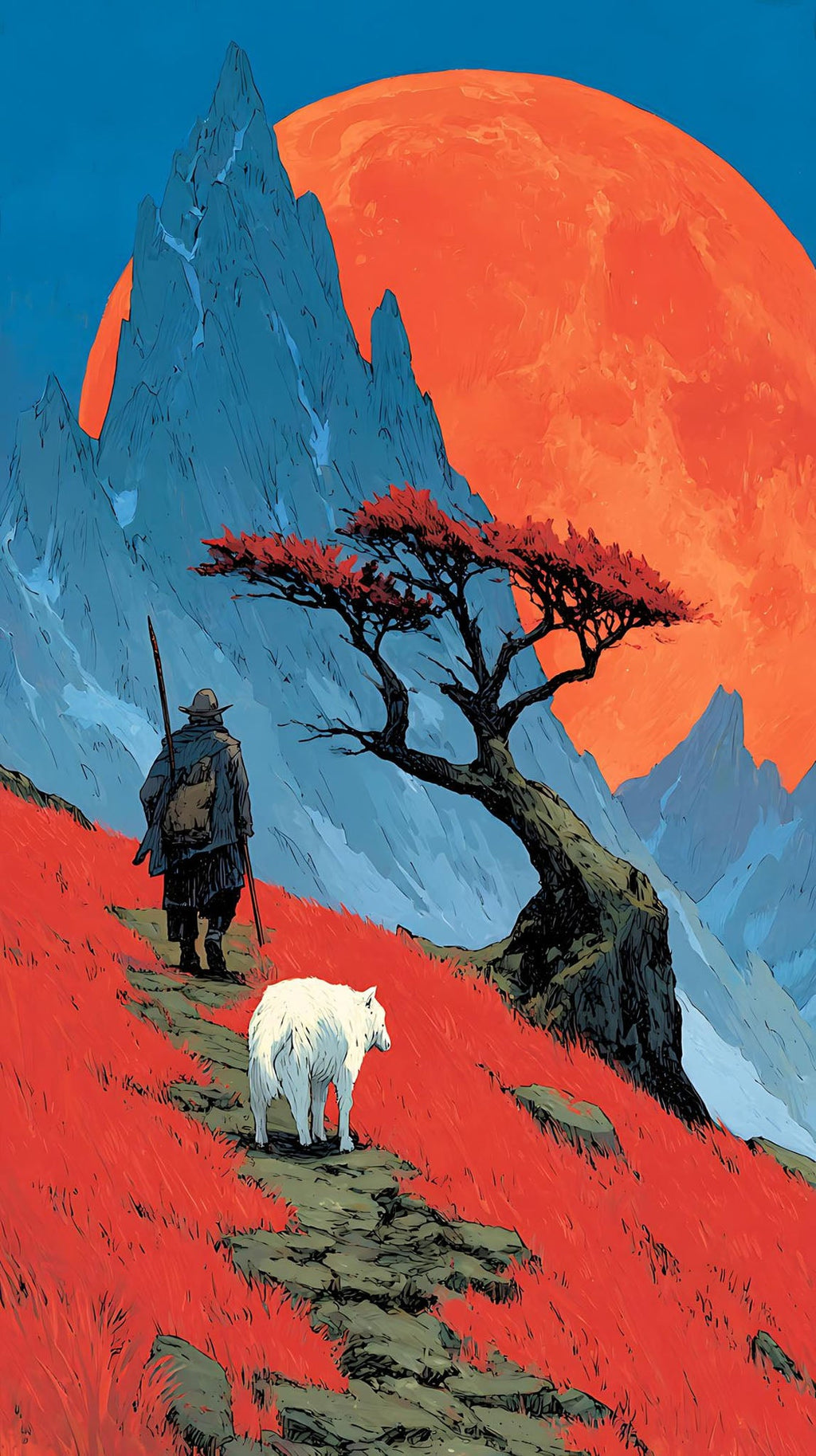 Crimson Landscape With Wolf And Wanderer