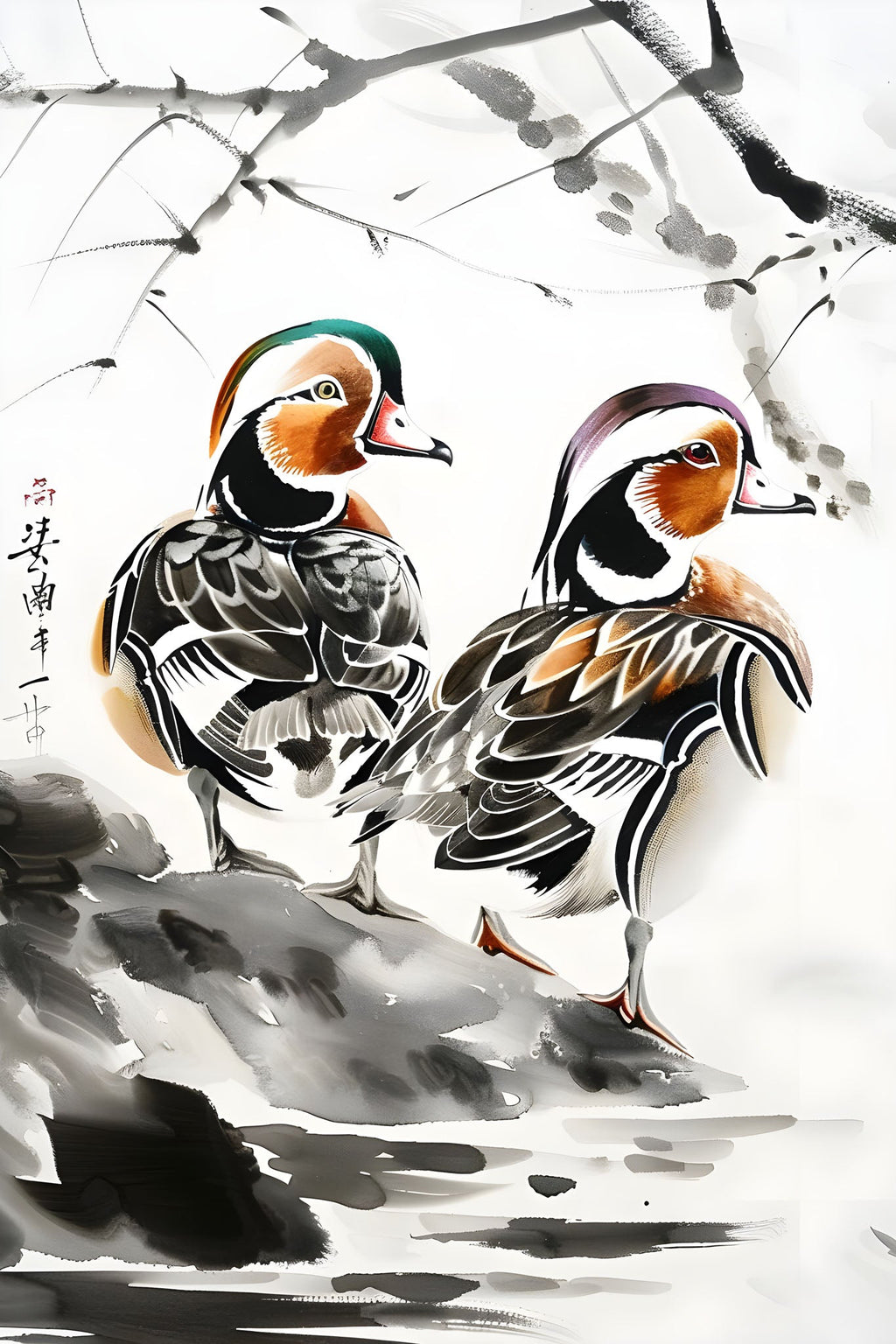 Mandarin Ducks On A Rocky Shore Painting